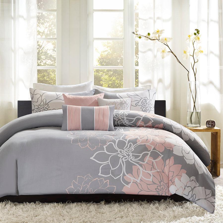 Olliix.com Duvet & Duvet Sets - Lola Transitional 6 Piece Printed Duvet Cover Set Full/Queen Gray & Blush