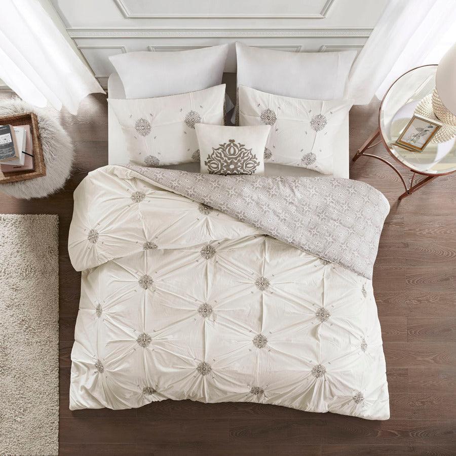 Olliix.com Duvet & Duvet Sets - Malia Shabby Chic 4 Piece Embroidered Cotton Reversible Duvet Cover Set Full/Queen Ivory