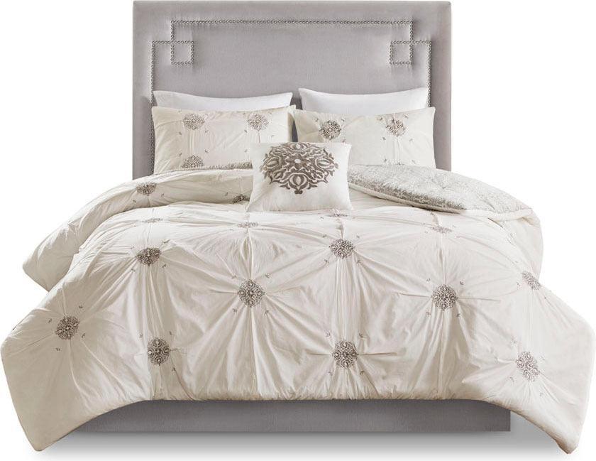 Olliix.com Duvet & Duvet Sets - Malia Shabby Chic 4 Piece Embroidered Cotton Reversible Duvet Cover Set King/Cal King Ivory