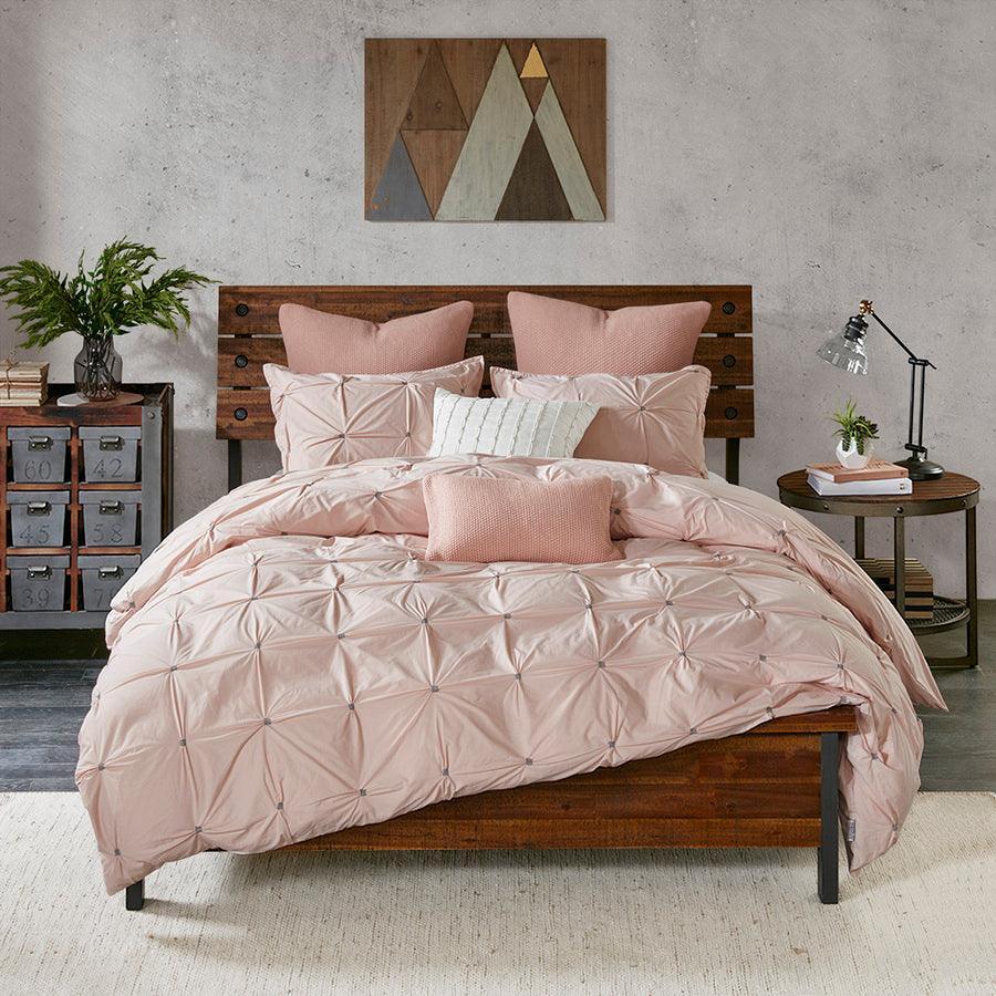 Olliix.com Duvet & Duvet Sets - Masie Full/Queen 3 Piece Elastic Embroidered Cotton Duvet Cover Set Blush
