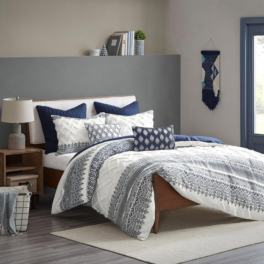 Olliix.com Comforters & Blankets - Mila Cotton Printed Comforter Set with Chenille Navy Full/Queen