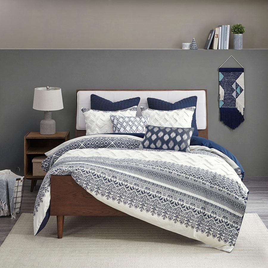 Olliix.com Comforters & Blankets - Mila Cotton Printed Comforter Set with Chenille Navy Full/Queen