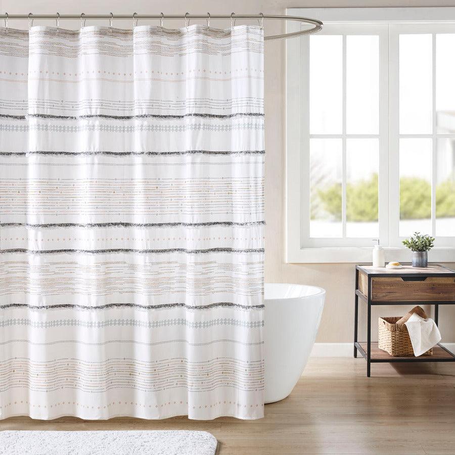 Olliix.com Shower Curtains - Nea Cotton Printed Shower Curtain with Trims Off White & Gray