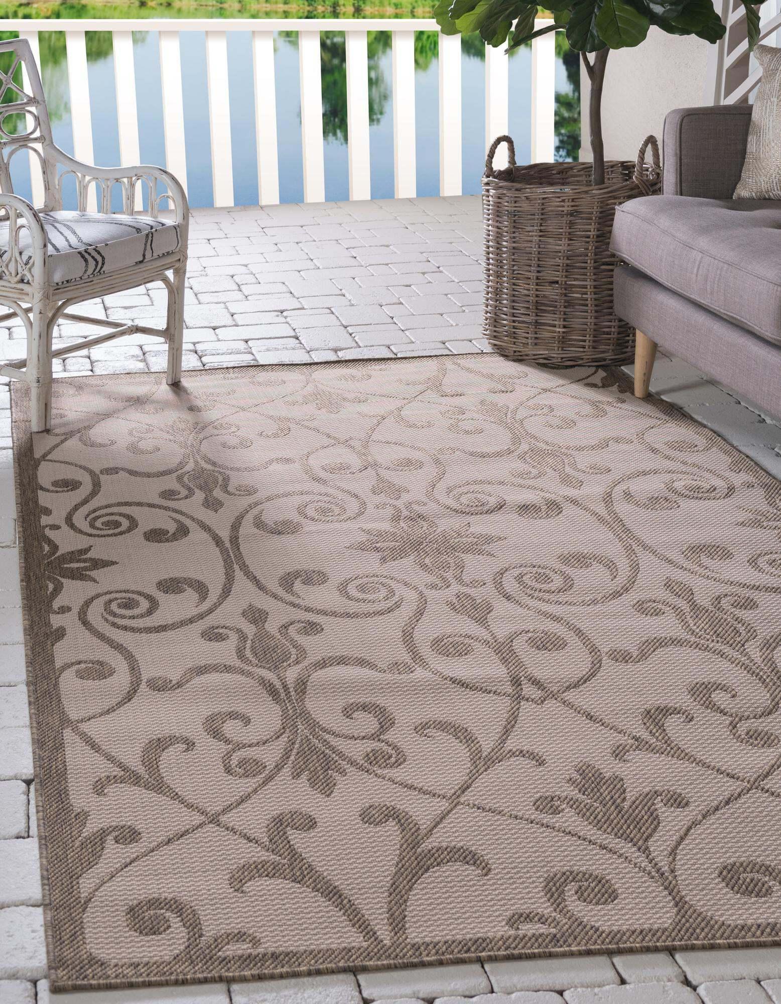 Unique Loom Outdoor Rugs - Outdoor Botanical Border Rectangular 8x11 Rug Brown & Beige