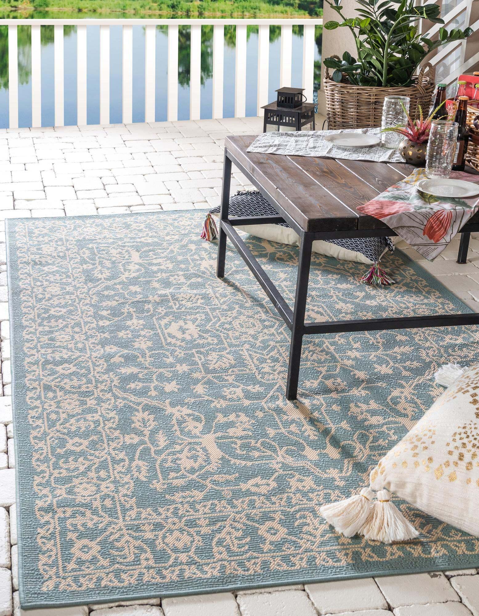 Unique Loom Outdoor Rugs - Outdoor Botanical Border Rectangular 8x11 Rug Light Blue & Beige