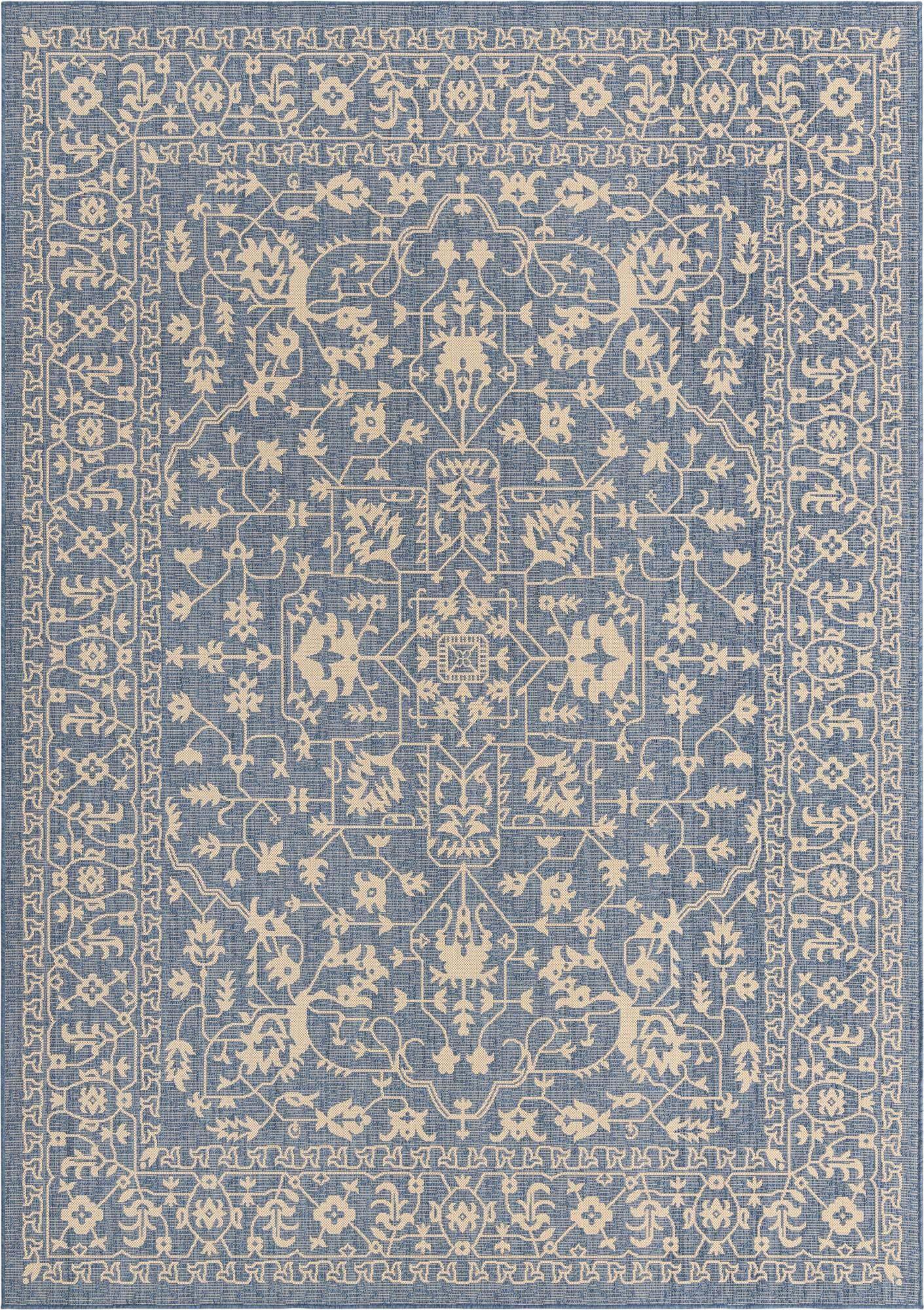 Unique Loom Outdoor Rugs - Outdoor Botanical Border Rectangular 8x11 Rug Navy Blue & Beige