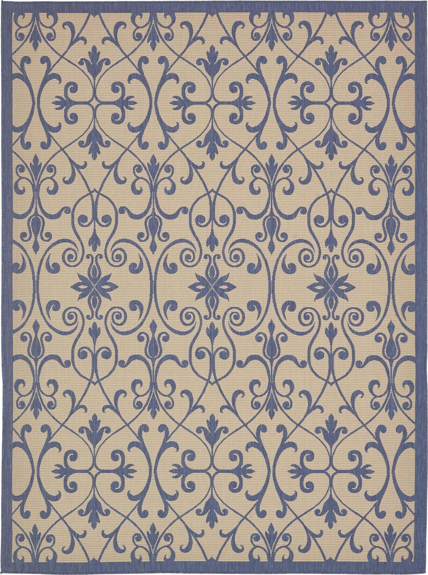 Unique Loom Outdoor Rugs - Outdoor Botanical Border Rectangular 9x12 Rug Blue & Beige
