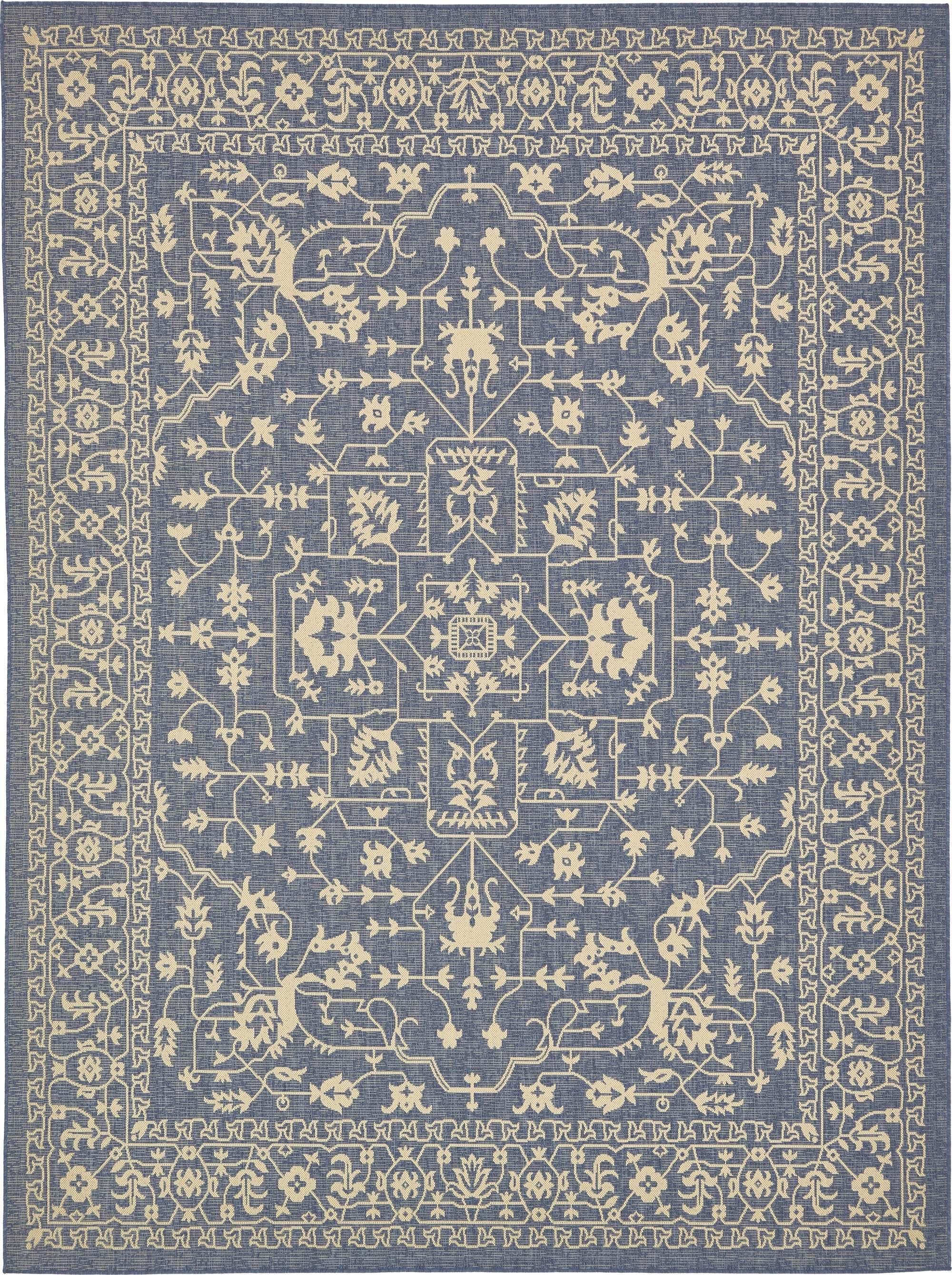 Unique Loom Outdoor Rugs - Outdoor Botanical Border Rectangular 9x12 Rug Navy Blue & Beige