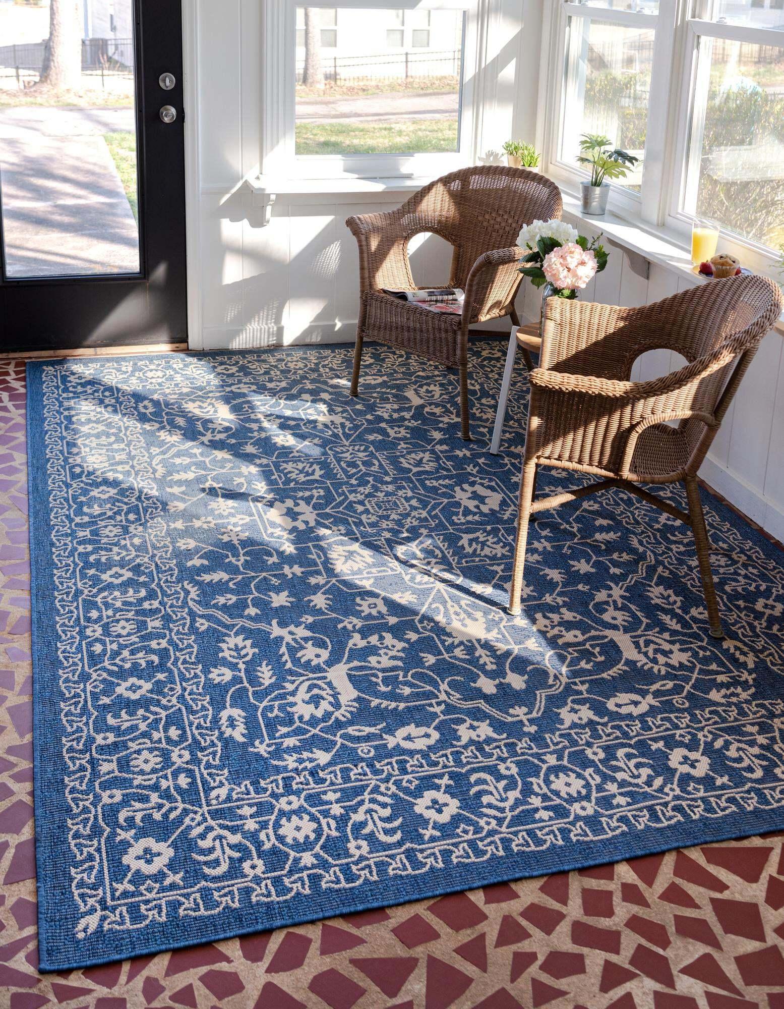 Unique Loom Outdoor Rugs - Outdoor Botanical Border Rectangular 9x12 Rug Navy Blue & Beige