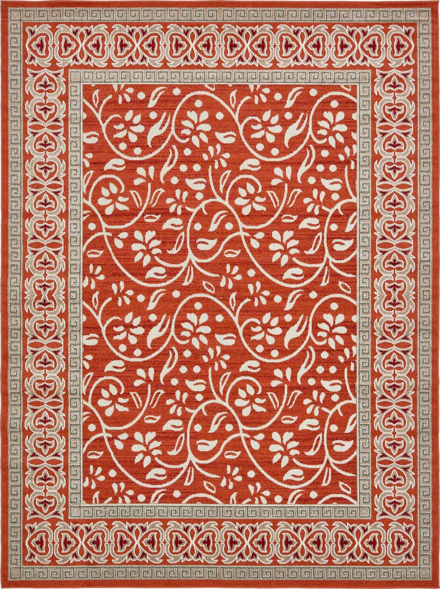 Unique Loom Outdoor Rugs - Outdoor Botanical Border Rectangular 9x12 Rug Rust Red & Beige