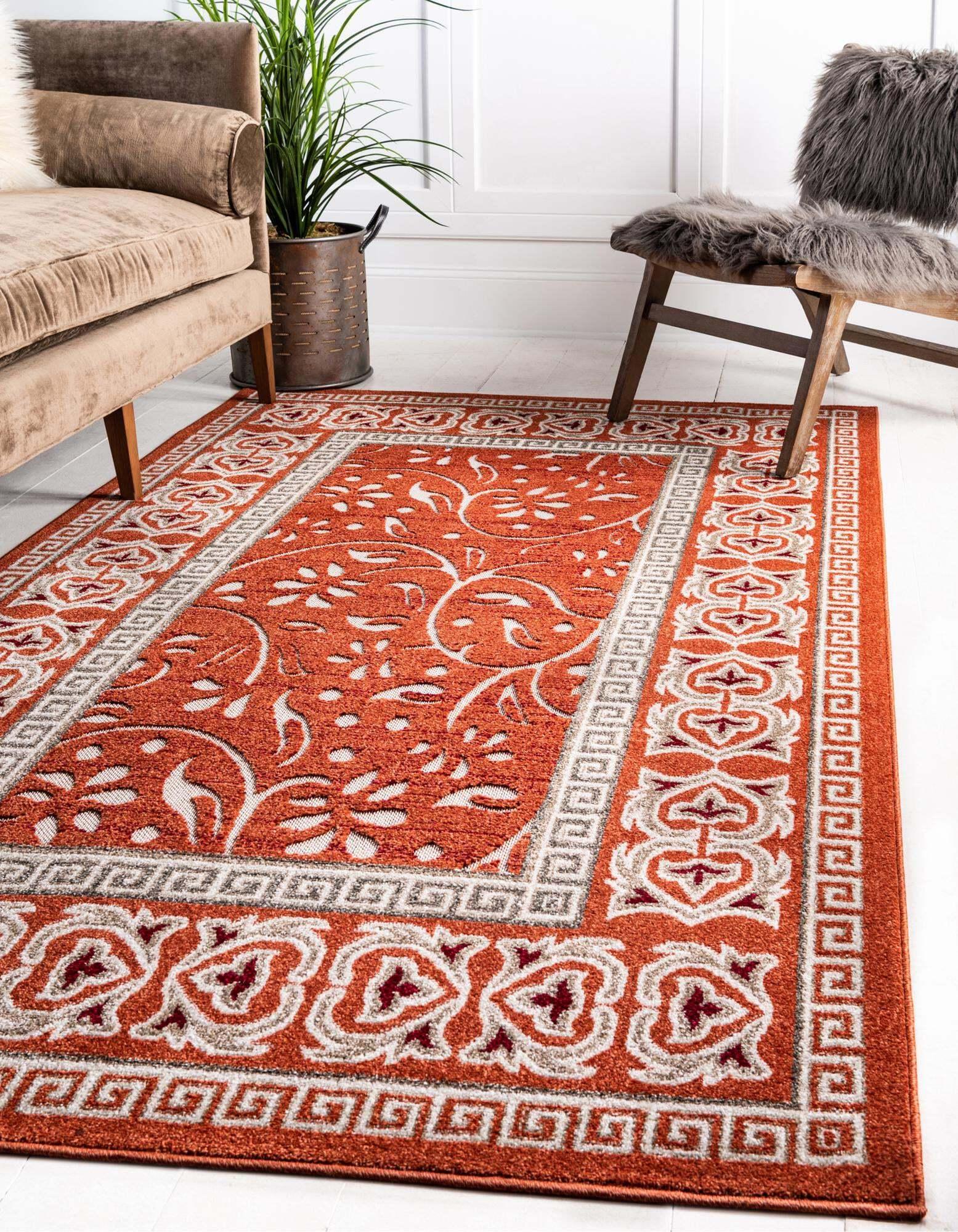 Unique Loom Outdoor Rugs - Outdoor Botanical Border Rectangular 9x12 Rug Rust Red & Beige