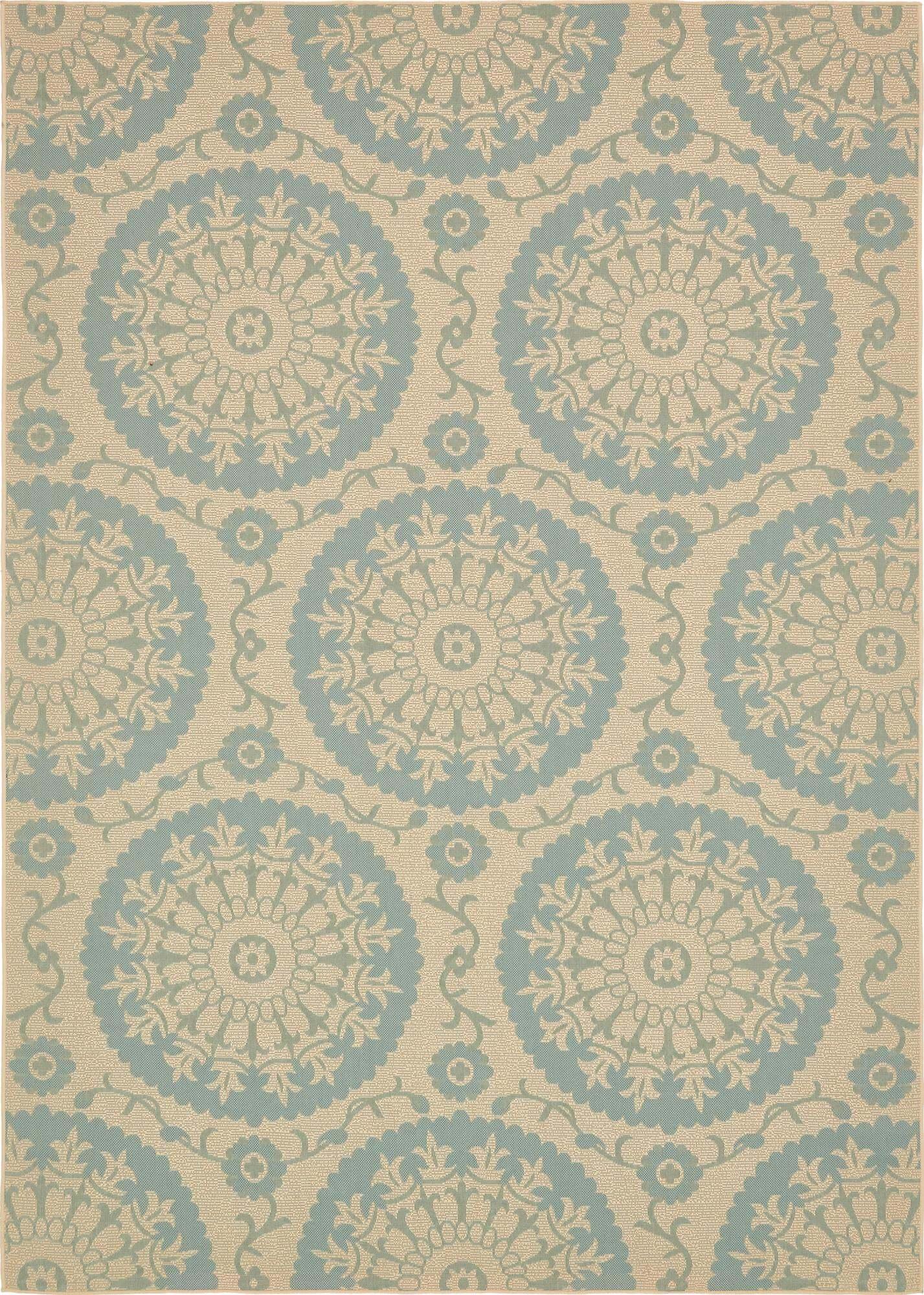 Unique Loom Outdoor Rugs - Outdoor Botanical Geometric Rectangular 8x11 Rug Light Blue & Beige