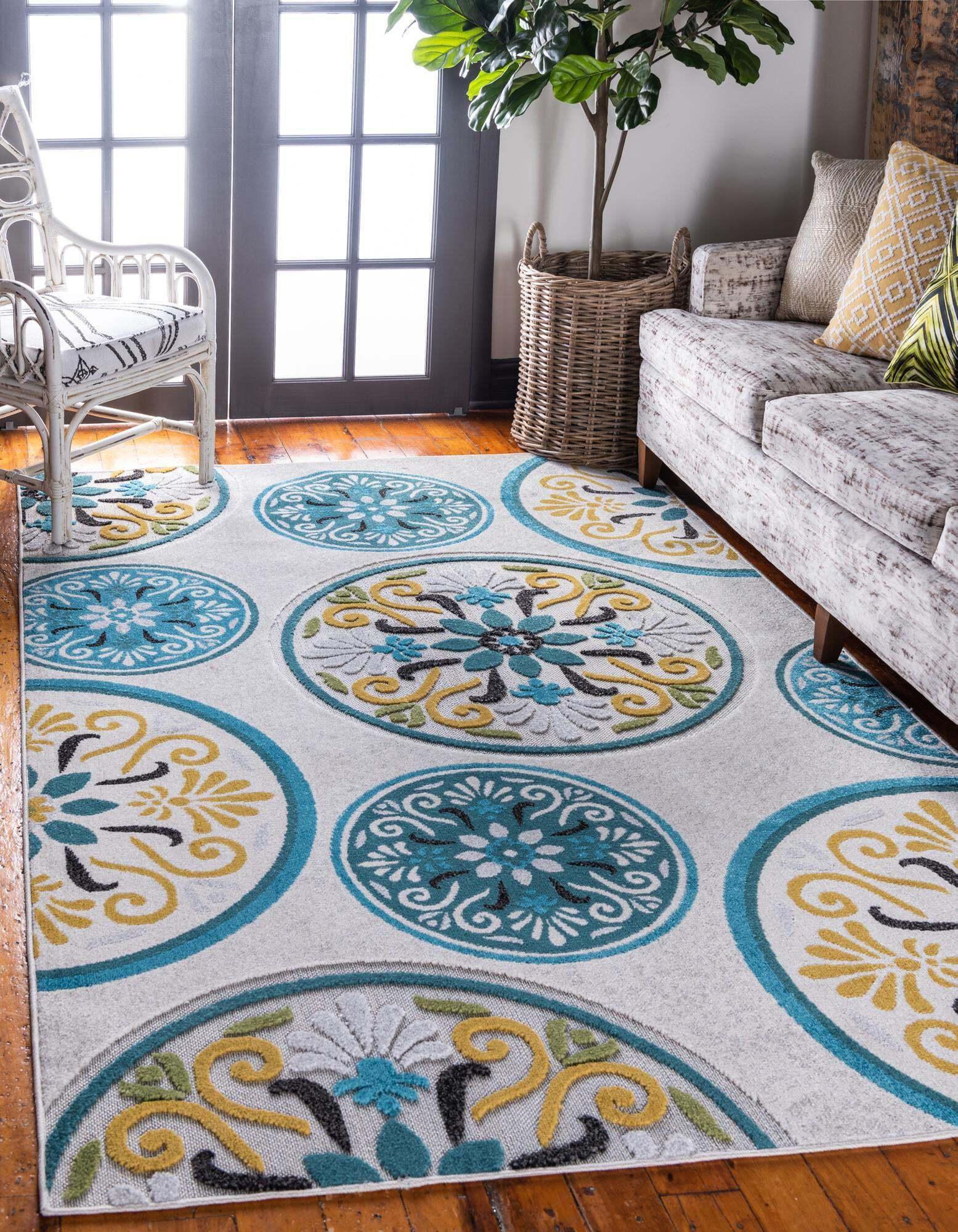 Unique Loom Outdoor Rugs - Outdoor Modern Floral 4x6 Rug Ivory & Multicolor