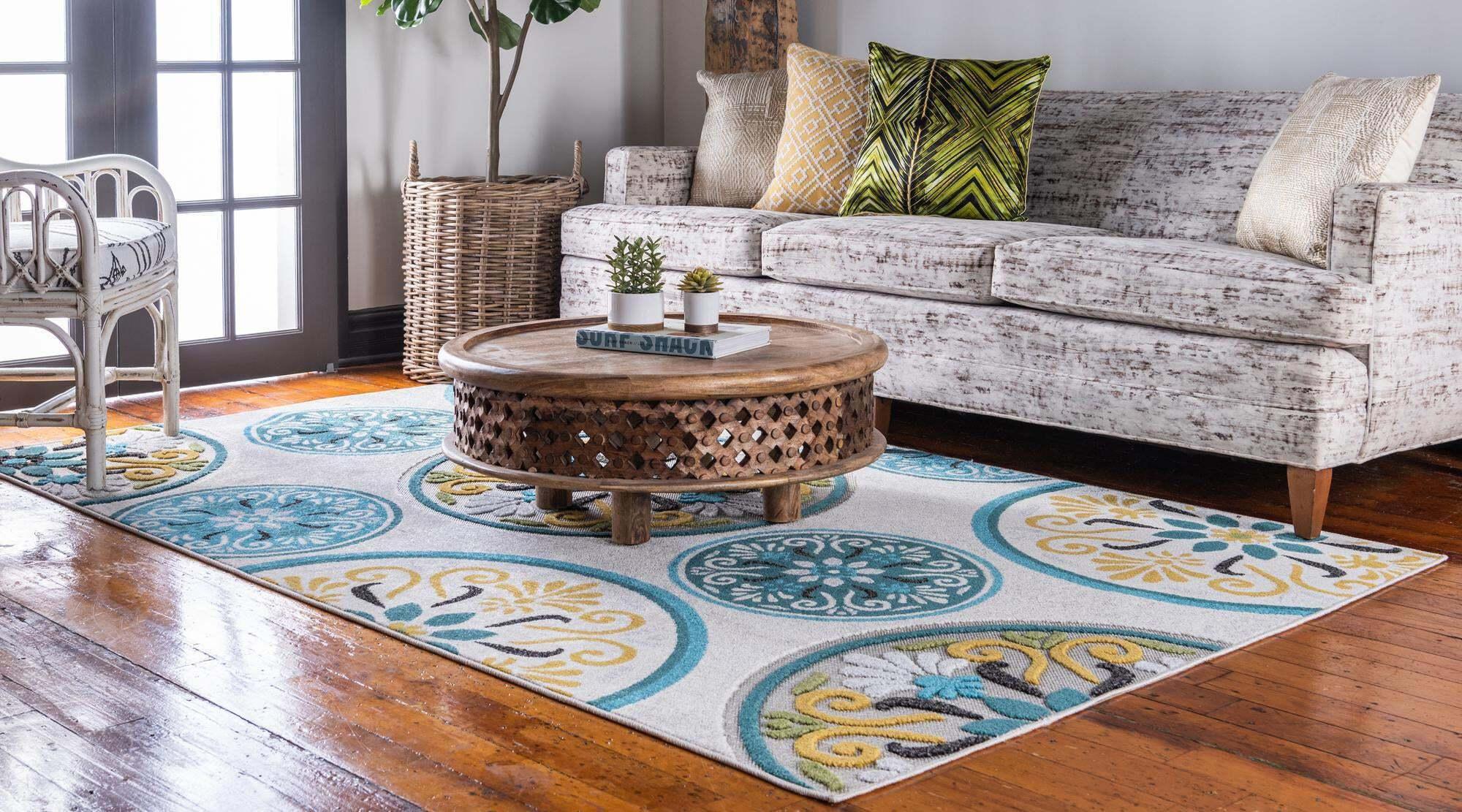 Unique Loom Outdoor Rugs - Outdoor Modern Floral 4x6 Rug Ivory & Multicolor