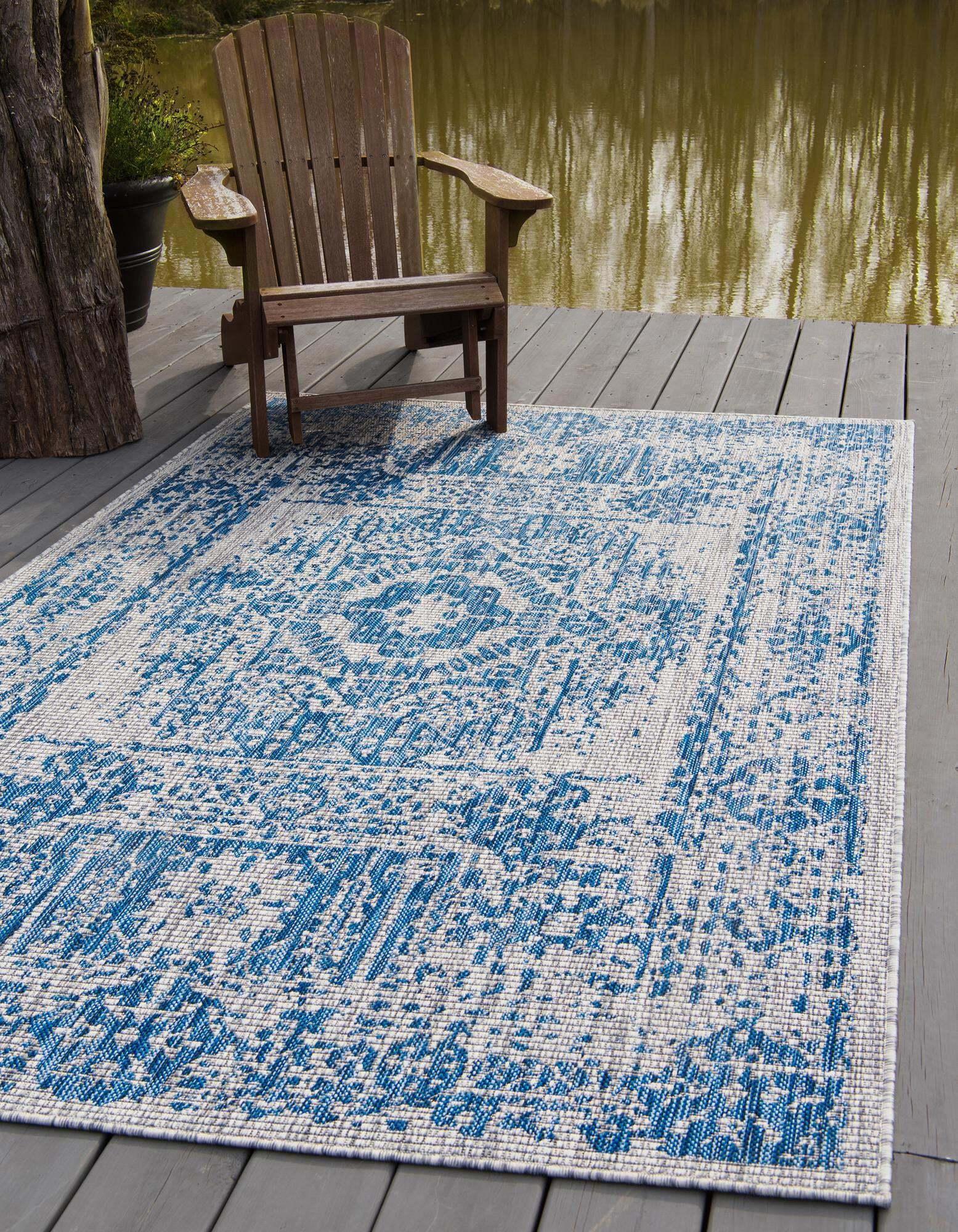 Unique Loom Outdoor Rugs - Outdoor Traditional Geometric 9x12 Rug Blue & Multicolor