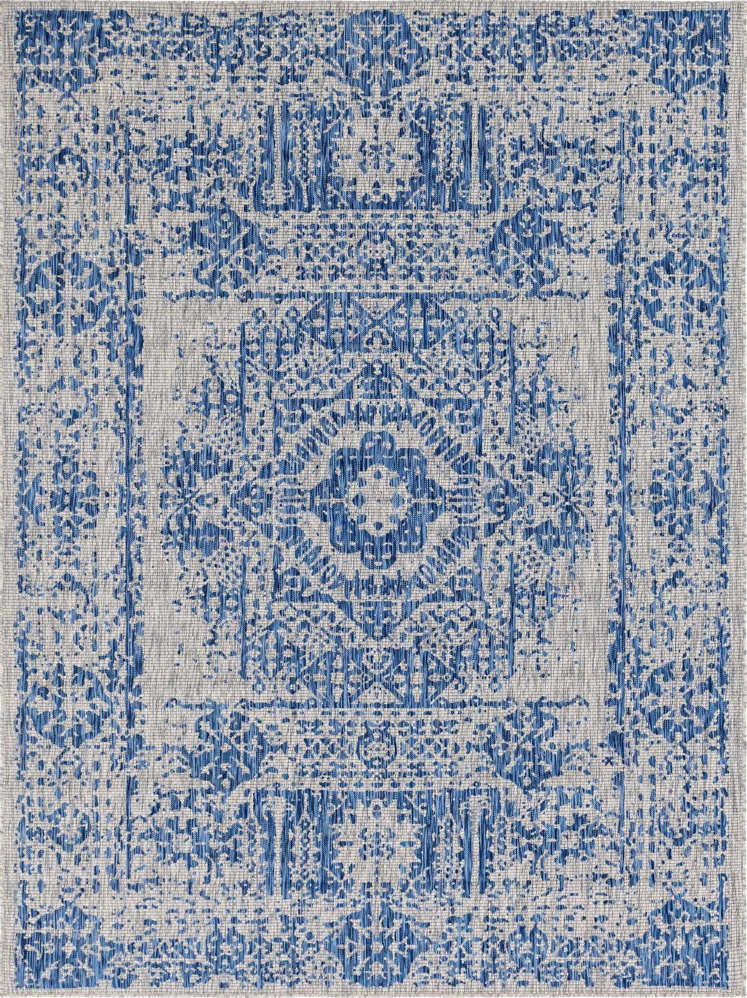 Unique Loom Outdoor Rugs - Outdoor Traditional Geometric Rectangular 8x11 Rug Blue & Ivory