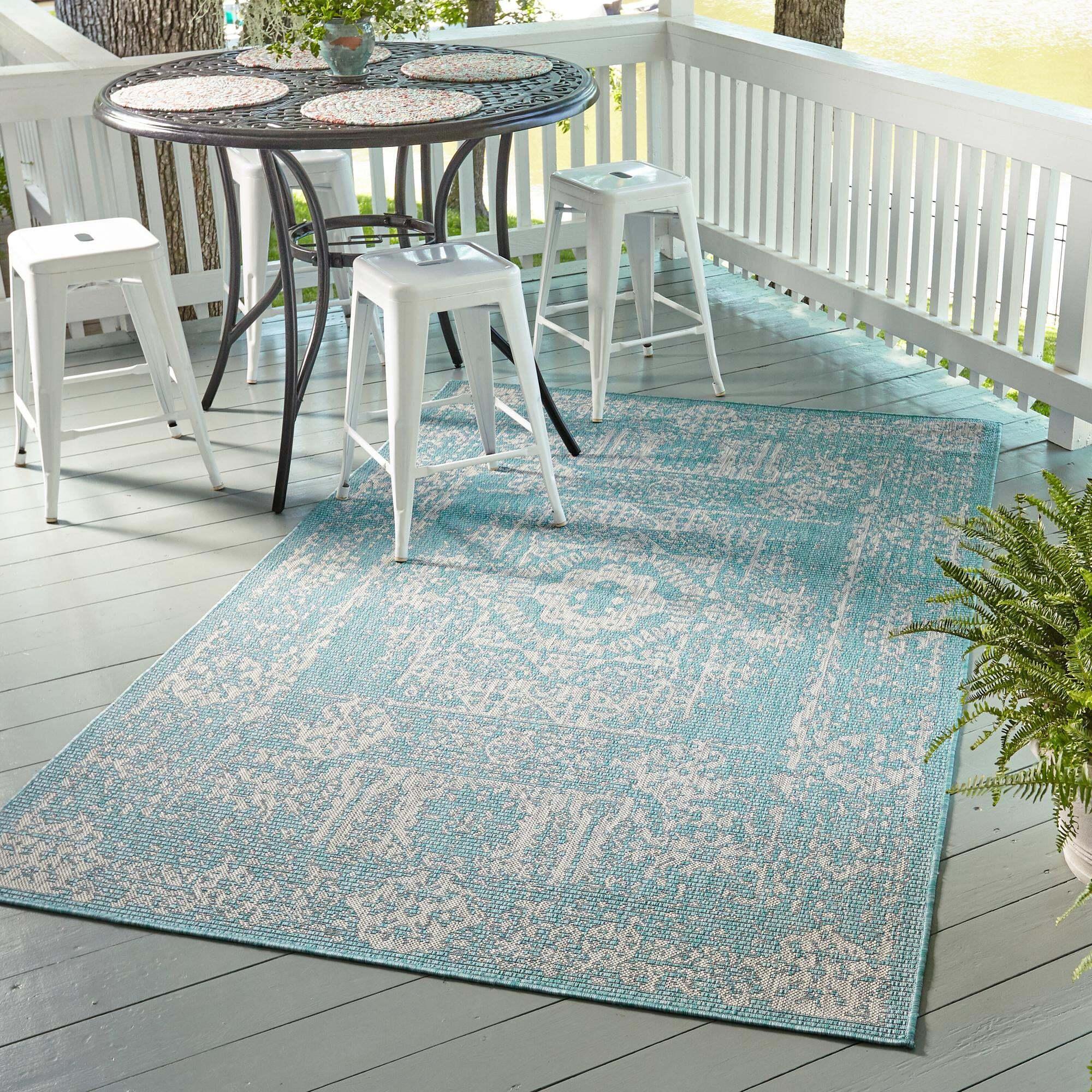 Unique Loom Outdoor Rugs - Outdoor Traditional Geometric Rectangular 9x12 Rug Aqua Blue & Ivory