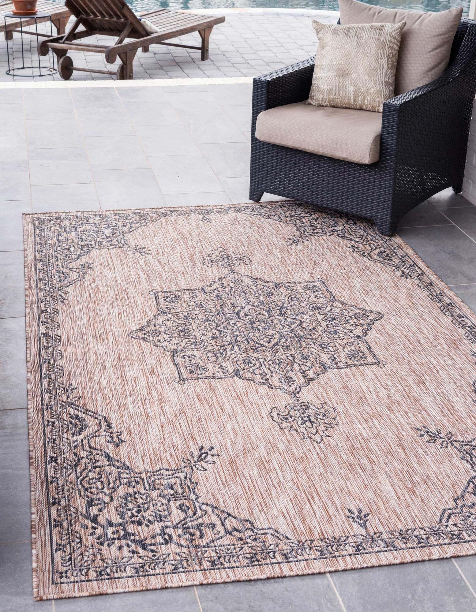 Unique Loom Outdoor Rugs - Outdoor Traditional Medallion Rectangular 8x11 Rug Beige & Black