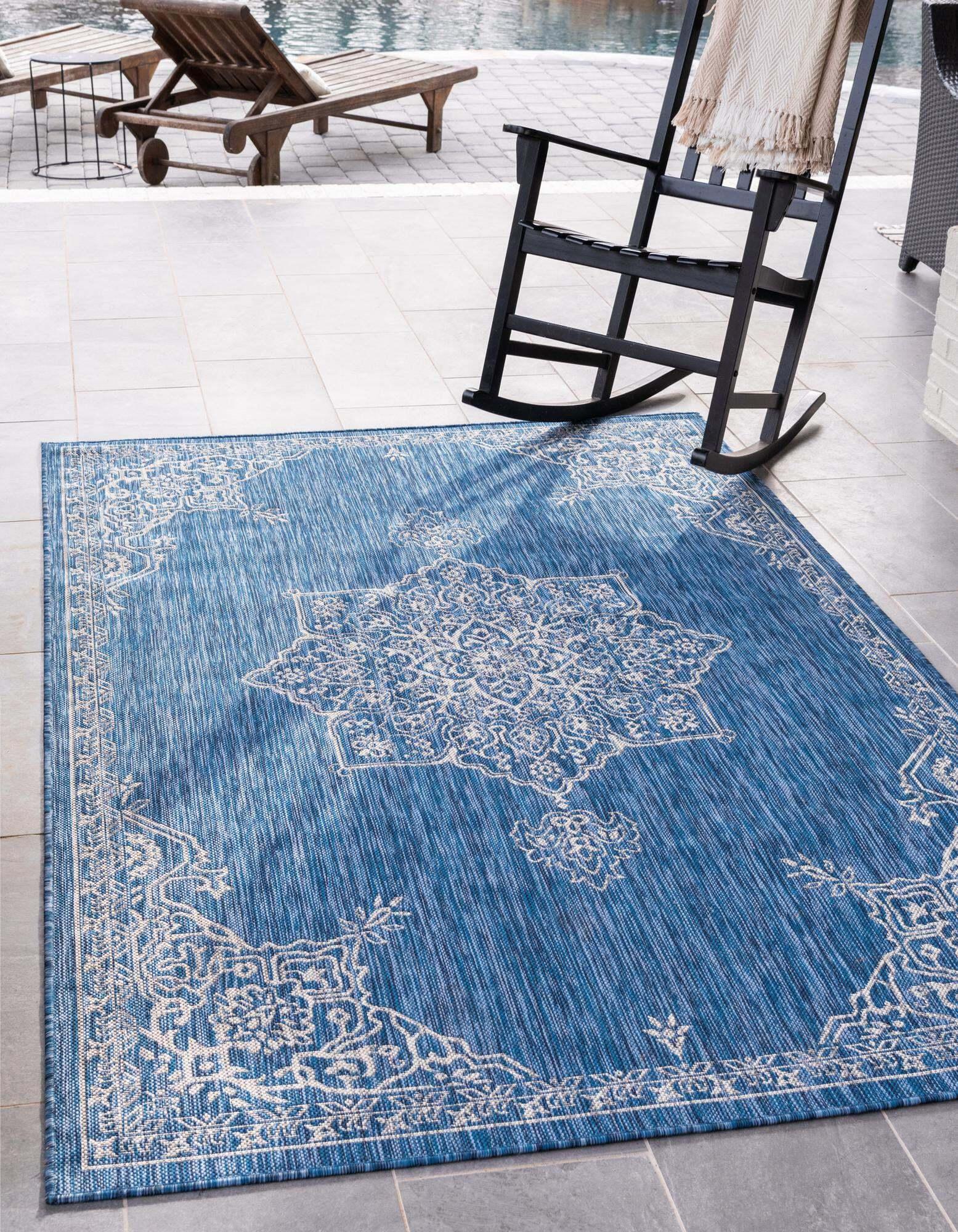 Unique Loom Outdoor Rugs - Outdoor Traditional Medallion Rectangular 8x11 Rug Blue & Ivory