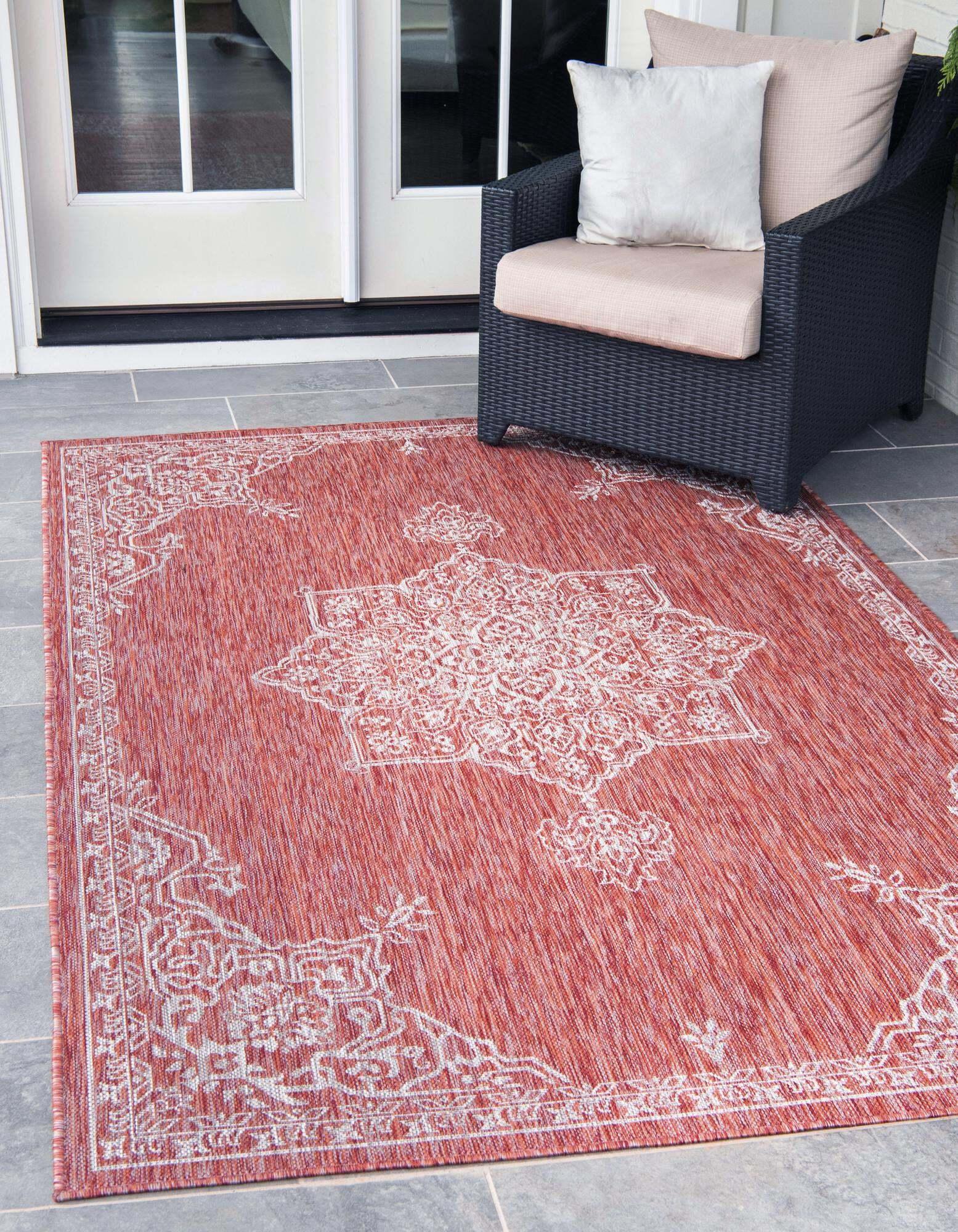 Unique Loom Outdoor Rugs - Outdoor Traditional Medallion Rectangular 9x12 Rug Rust Red & Gray