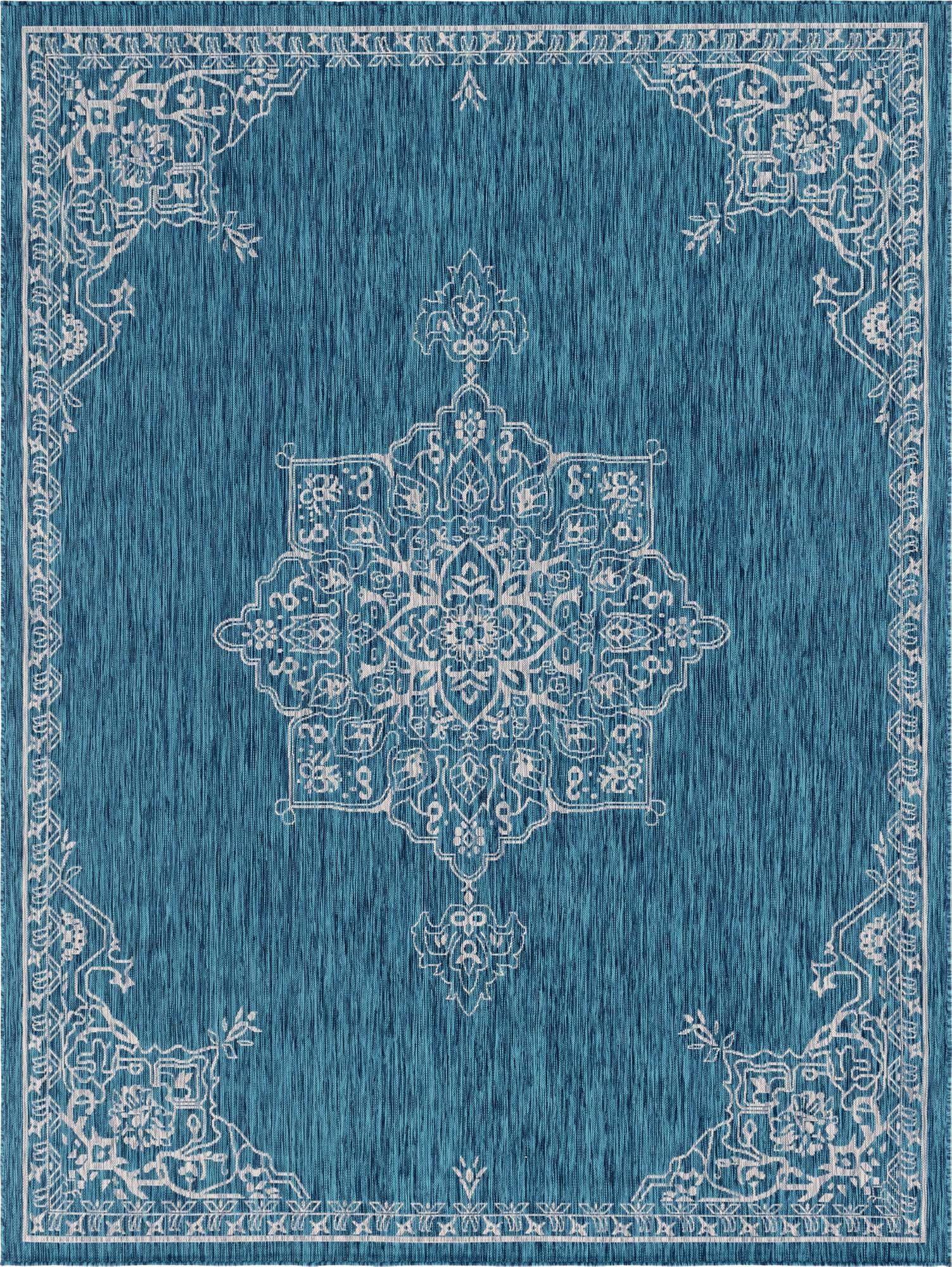 Unique Loom Outdoor Rugs - Outdoor Traditional Medallion Rectangular 9x12 Rug Teal & Ivory