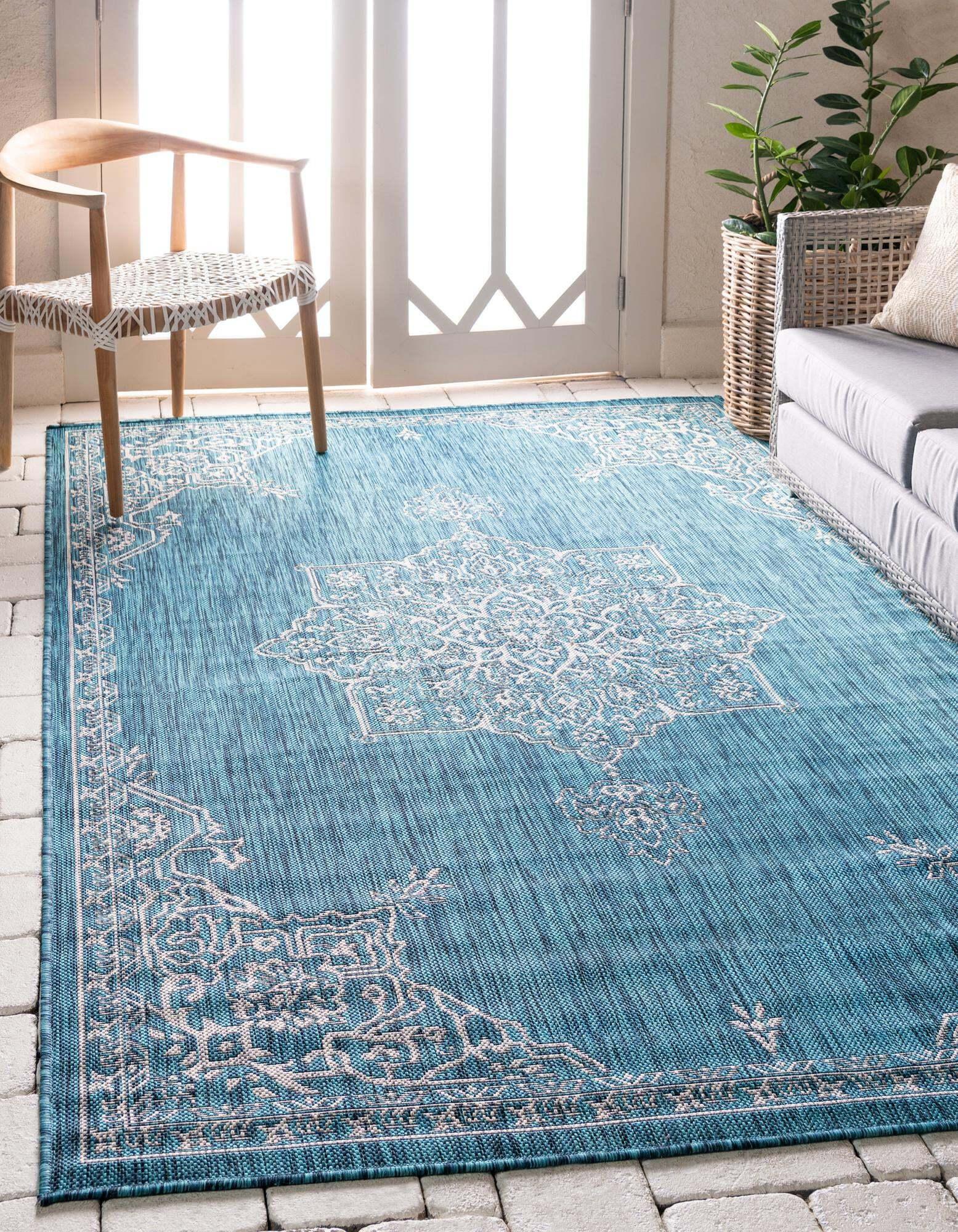 Unique Loom Outdoor Rugs - Outdoor Traditional Medallion Rectangular 9x12 Rug Teal & Ivory