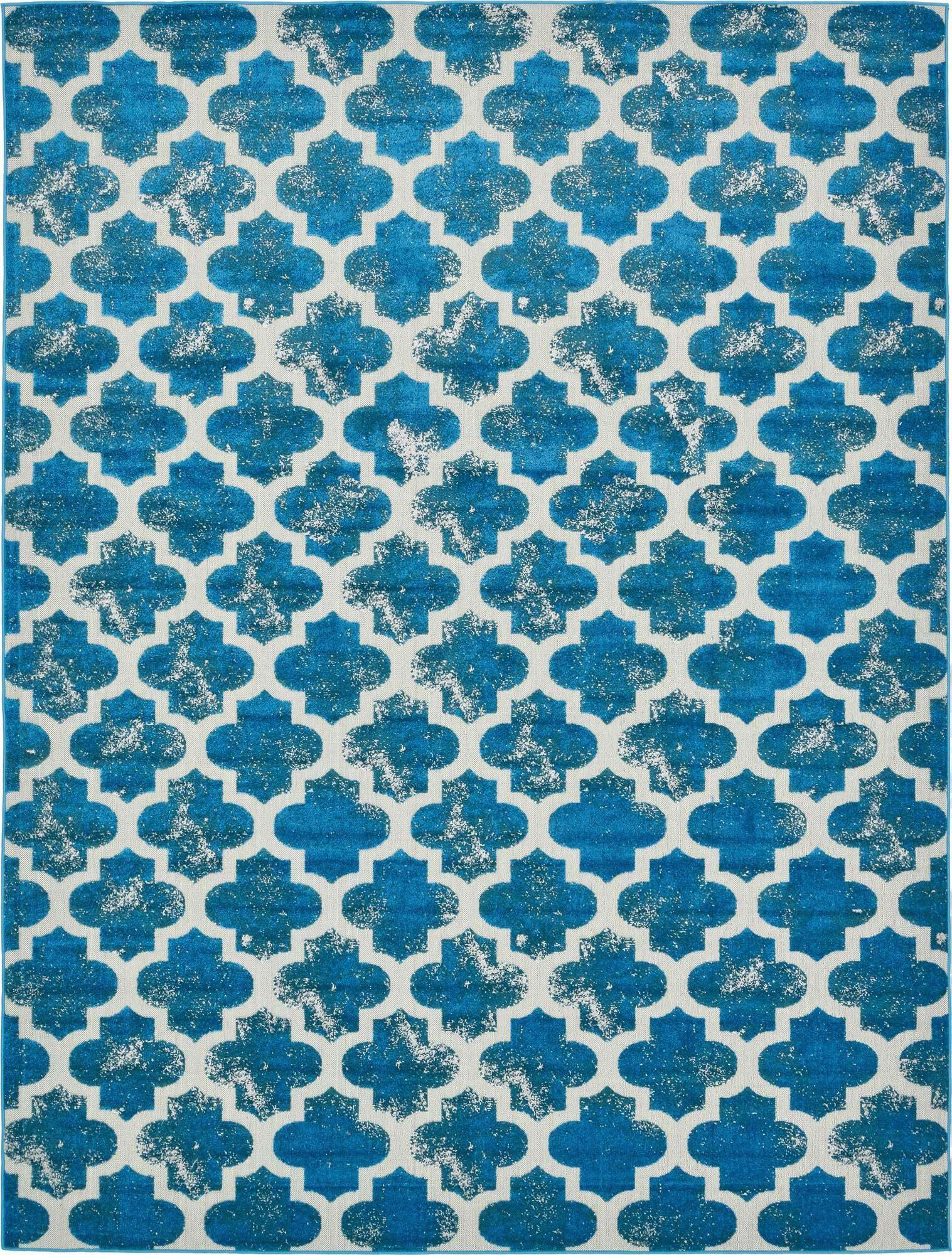 Unique Loom Outdoor Rugs - Outdoor Trellis Geometric Rectangular 9x12 Rug Turquoise & Beige