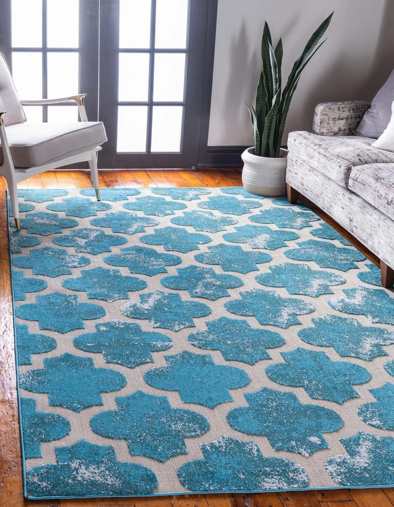 Unique Loom Outdoor Rugs - Outdoor Trellis Geometric Rectangular 9x12 Rug Turquoise & Beige