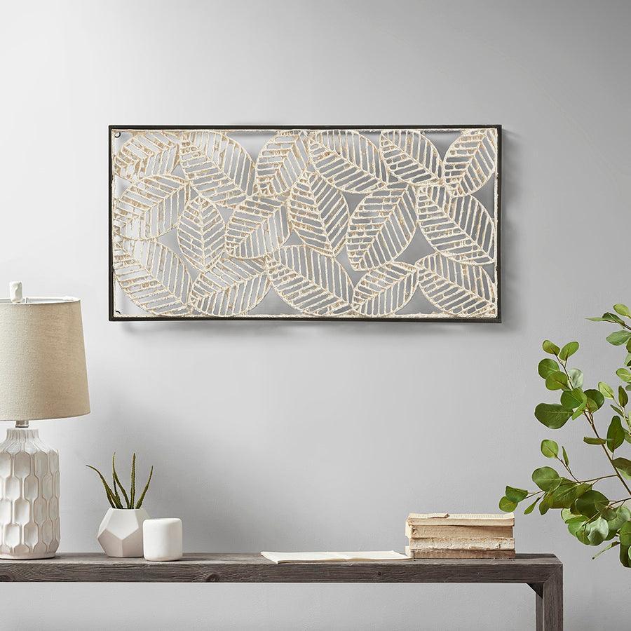 Olliix.com Wall Art - Paper Transitional Cloaked Leaves Paper Cloaked Wall Decor Metal Frame 31.89x15.94x1.97" Natural
