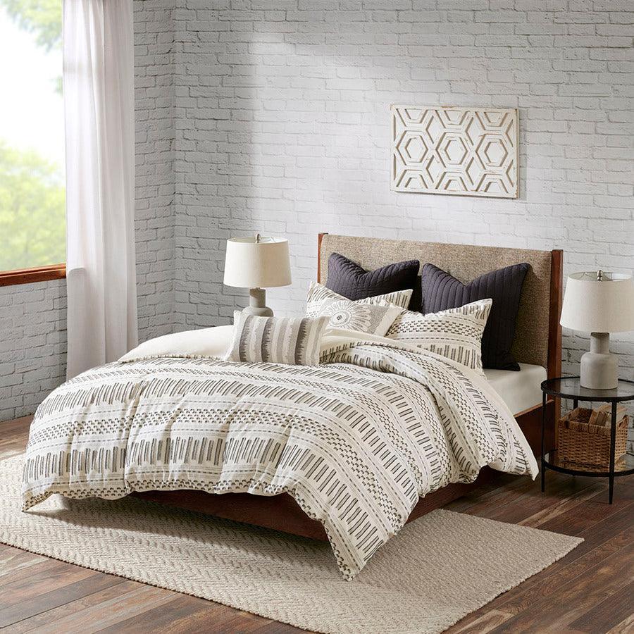 Olliix.com Duvet & Duvet Sets - Rhea Full/Queen Cotton Jacquard Duvet Cover Mini Set Ivory & Charcoal