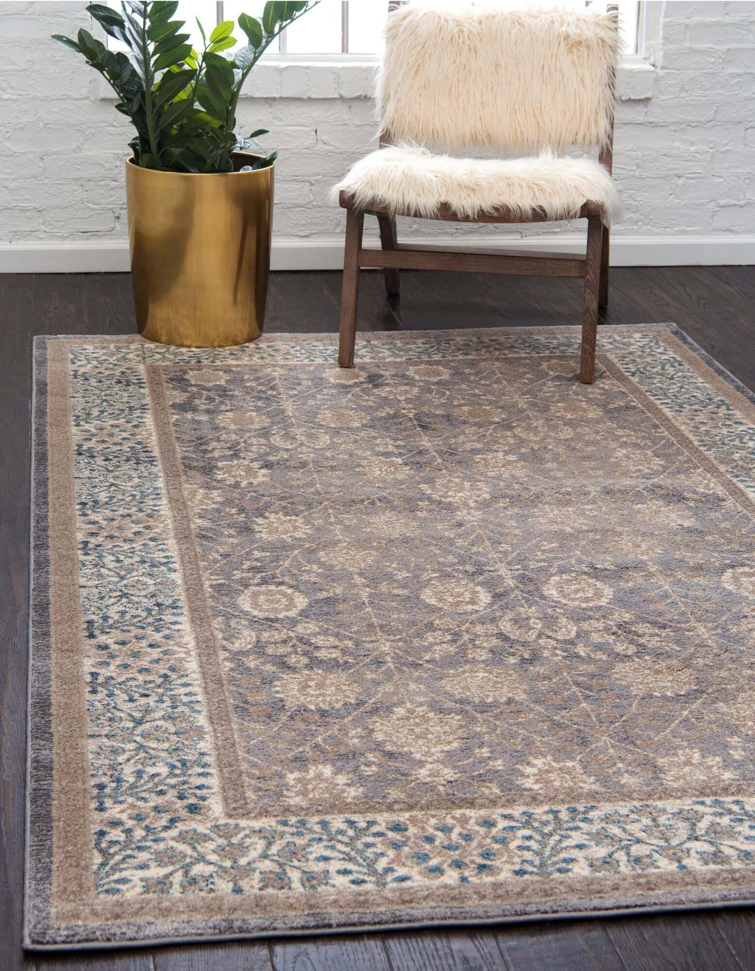 Unique Loom Indoor Rugs - Salzburg Floral Rectangular 8x11 Rug Light Brown & Gray