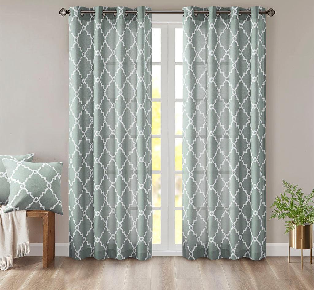 Olliix.com Curtains - Saratoga 63 H Fretwork Print Grommet Top Window Curtain Seafoam