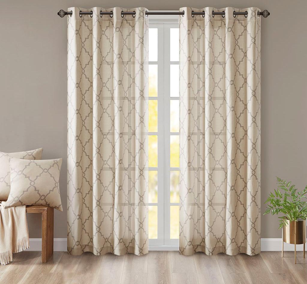 Olliix.com Curtains - Saratoga 84 H Fretwork Print Grommet Top Window Curtain Beige
