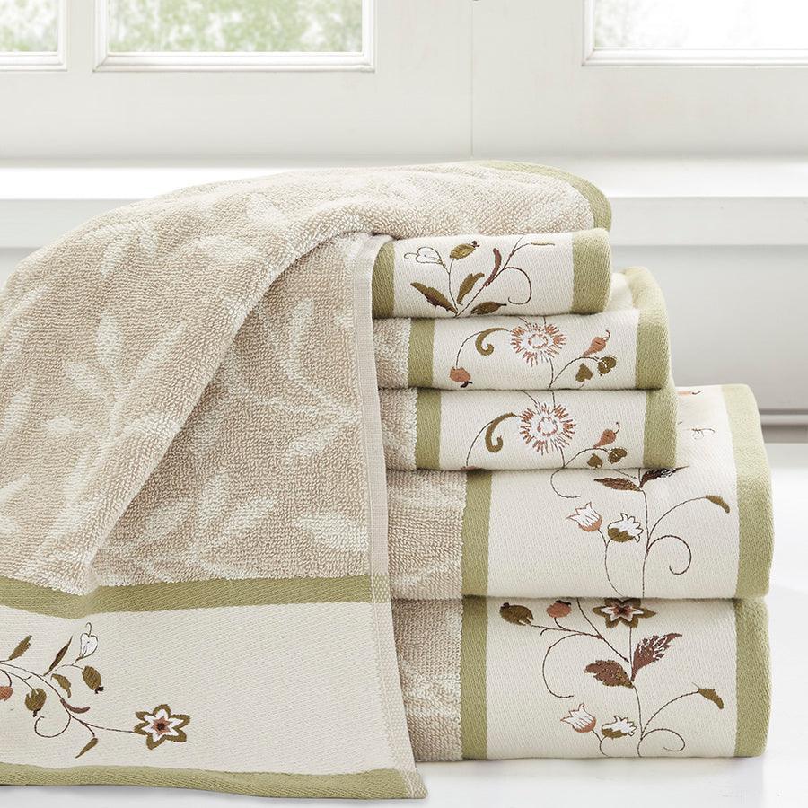 Olliix.com Bath Towels - Serene Embroidered Cotton Jacquard 6 Piece Towel Set Green