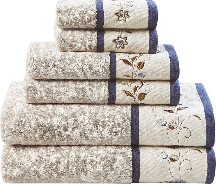 Olliix.com Bath Towels - Serene Embroidered Cotton Jacquard 6 Piece Towel Set Navy