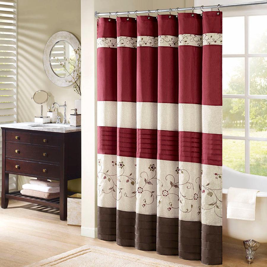Olliix.com Shower Curtains - Serene Faux Silk Embroidered Floral Shower Curtain Red-MP70-644