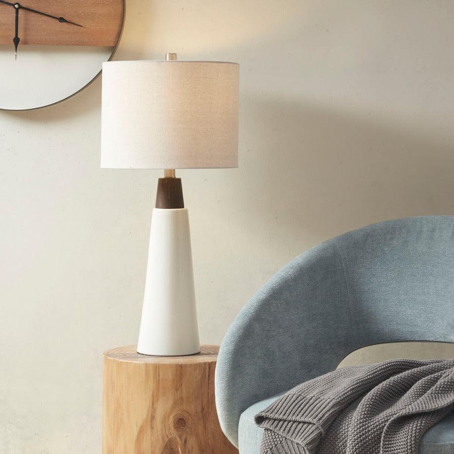 Olliix.com Table Lamps - Tristan Ceramic With Wood Table Lamp White Base & Cream Shade