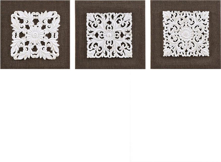 Olliix.com Wall Art - White Mandala Trinity 3D Embellished Linen Canvas 3 Piece Wall Art White & Brown