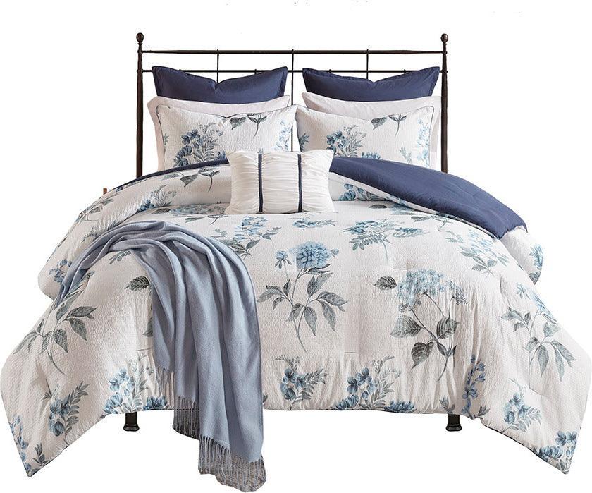 Olliix.com Comforters & Blankets - Zennia Full/Queen 7 PC Printed Seersucker Comforter Set with Throw Blanket Blue