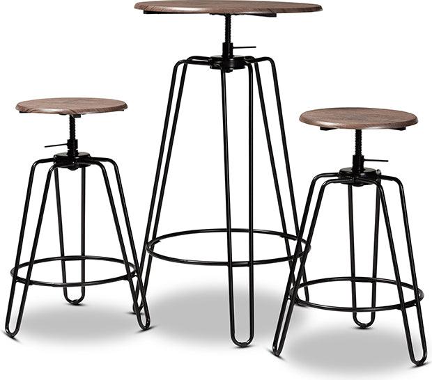 Wholesale Interiors Dining Sets - Veera Vintage Rustic Walnut Finished Wood and Black Metal 3-Piece Height Adjustable Bar Pub Set