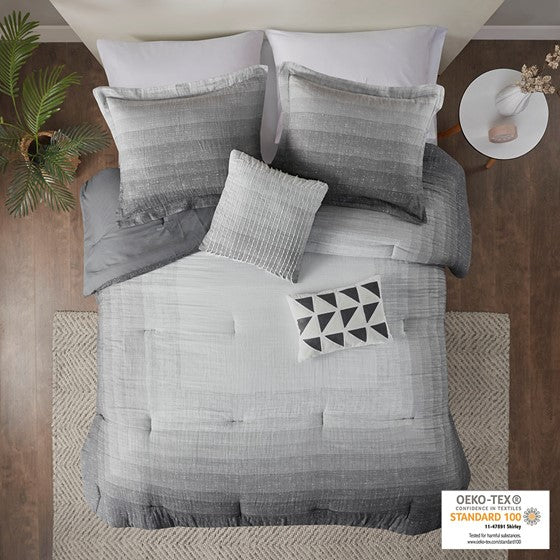 Olliix.com Comforters & Blankets - 5 Piece Ombre Printed Cotton Gauze Comforter Set Charcoal Full/Queen