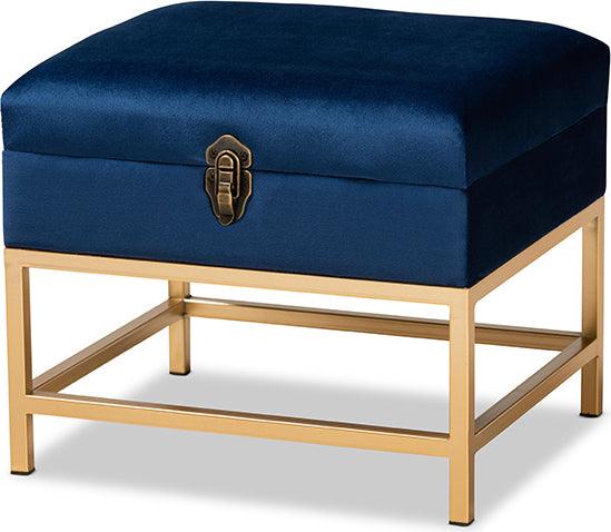 Wholesale Interiors Ottomans & Stools - Aliana Navy Blue Velvet Fabric Upholstered and Gold Finished Metal Small Storage Ottoman