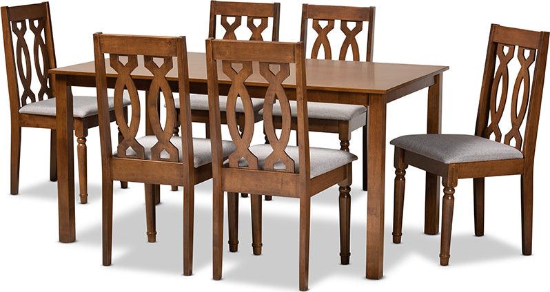 Wholesale Interiors Dining Sets - Cherese Grey Fabric Upholstered and Walnut Brown Finished Wood 7-Piece Dining Set