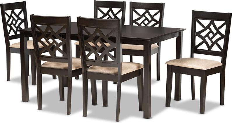 Wholesale Interiors Dining Sets - Nicolette Sand Fabric Upholstered and Dark Brown Finished Wood 7-Piece Dining Set