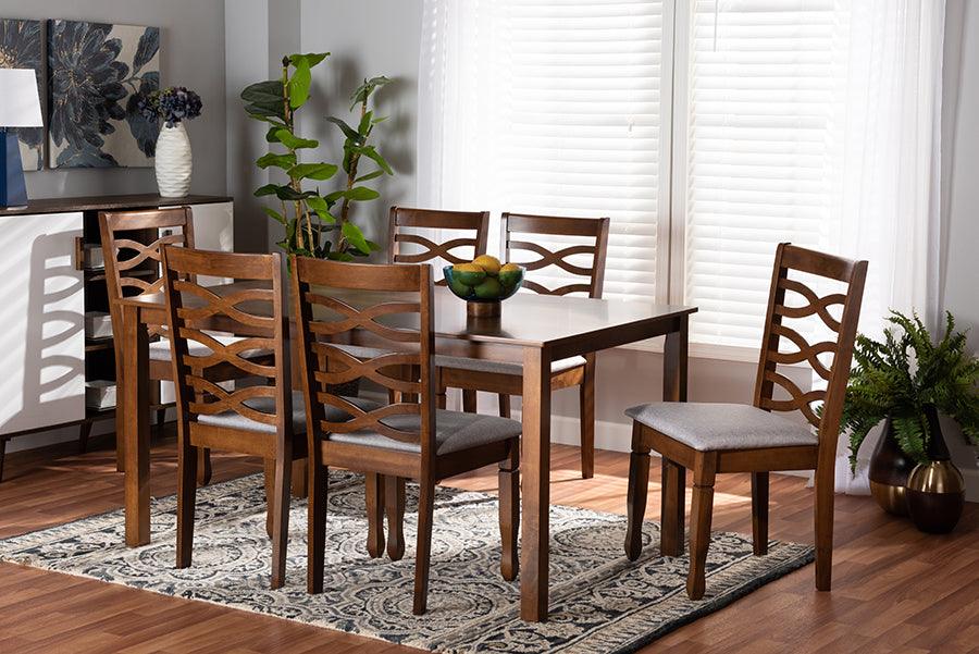 Wholesale Interiors Dining Sets - Lanier Grey Fabric Upholstered and Walnut Brown Finished Wood 7-Piece Dining Set