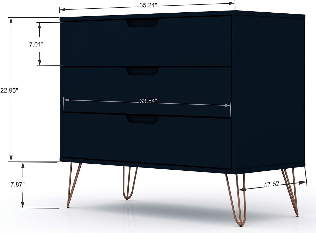 Manhattan Comfort Dressers - Rockefeller Mid-Century- Modern Dresser with 3- Drawers in Tatiana Midnight Blue