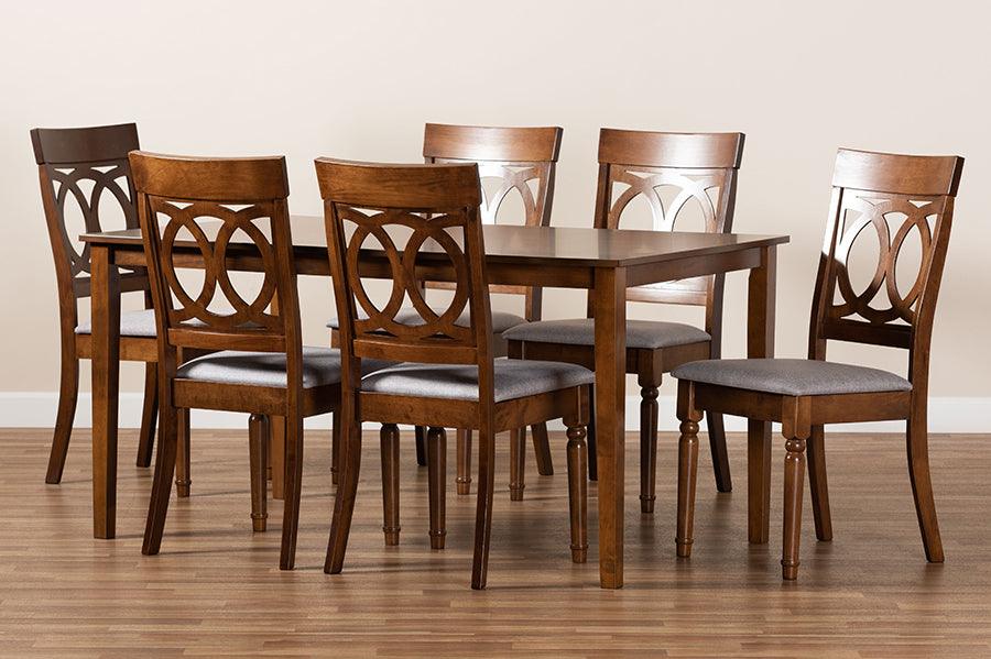 Wholesale Interiors Dining Sets - Lucie Grey Fabric Upholstered and Walnut Brown Finished Wood 7-Piece Dining Set