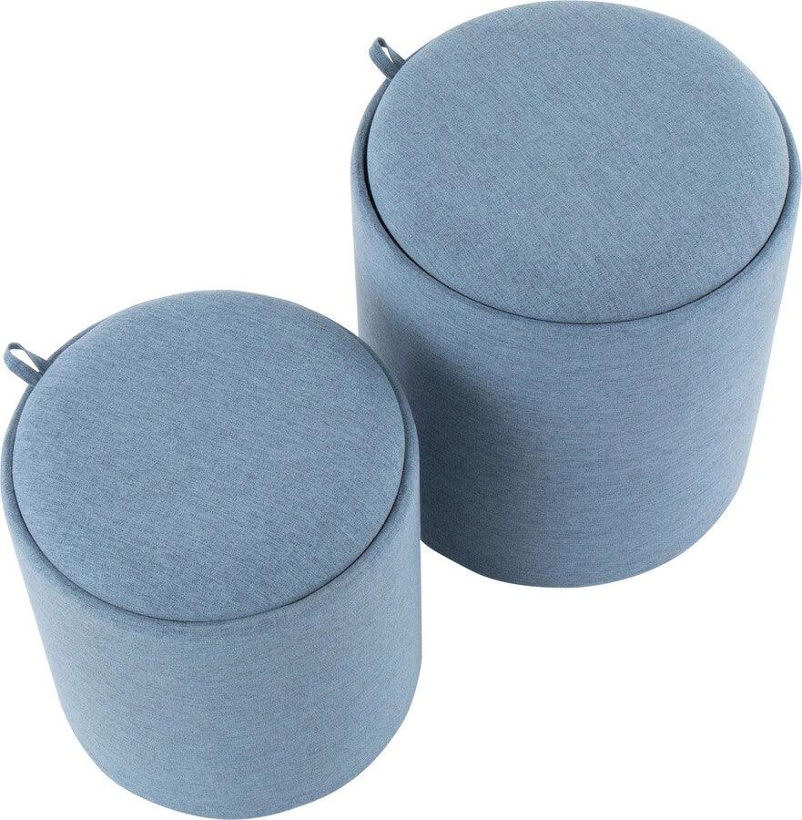 Lumisource Living Room Sets - Tray Contemporary Nesting Ottoman Set in Blue Fabric and Natural Wood