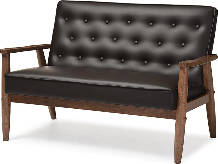 Wholesale Interiors Loveseats - Sorrento Mid-Century Retro Modern Brown Faux Leather Upholstered Wooden 2-Seater Loveseat