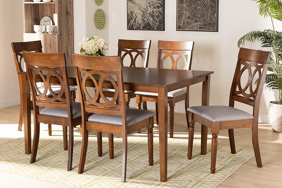 Wholesale Interiors Dining Sets - Lucie Grey Fabric Upholstered and Walnut Brown Finished Wood 7-Piece Dining Set